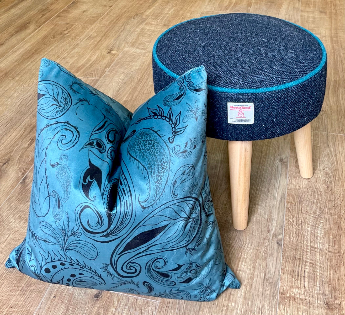 Blue Paisley Print Velvet Cushion 18”