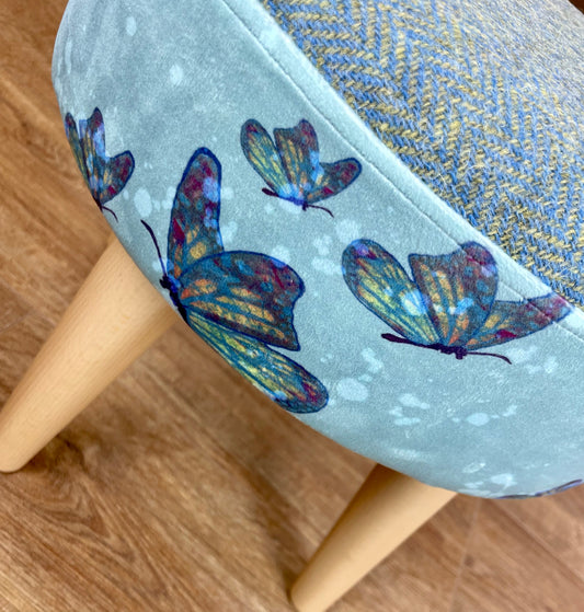 Butterflies in Rain Velvet and Harris Tweed Small Footstool