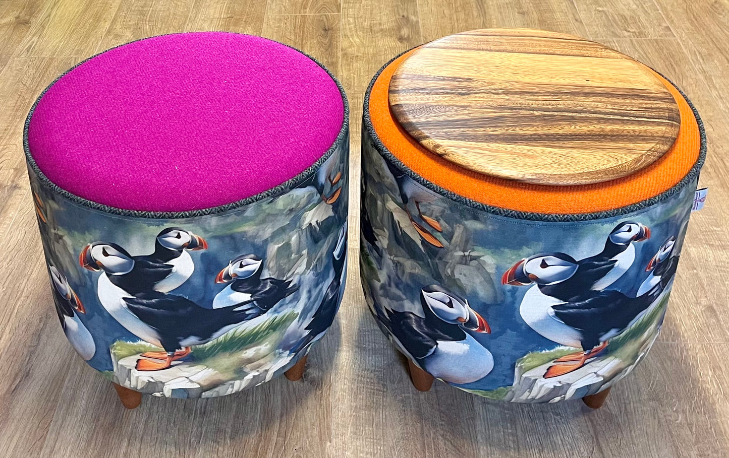 Puffin and Navy Blue Harris Tweed Floating Footstool