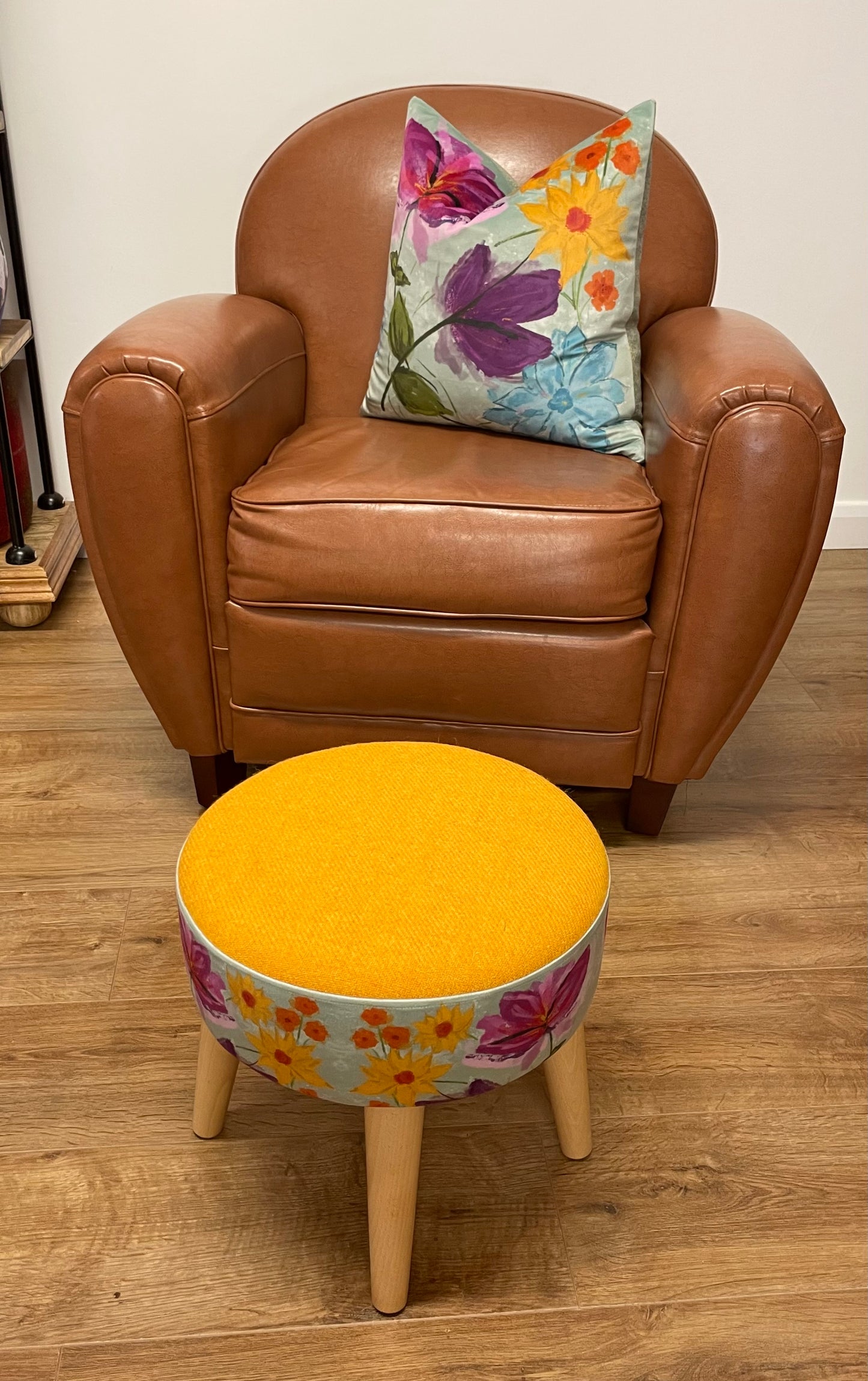 Spring Time Velvet and Yellow Harris Tweed Small Footstool