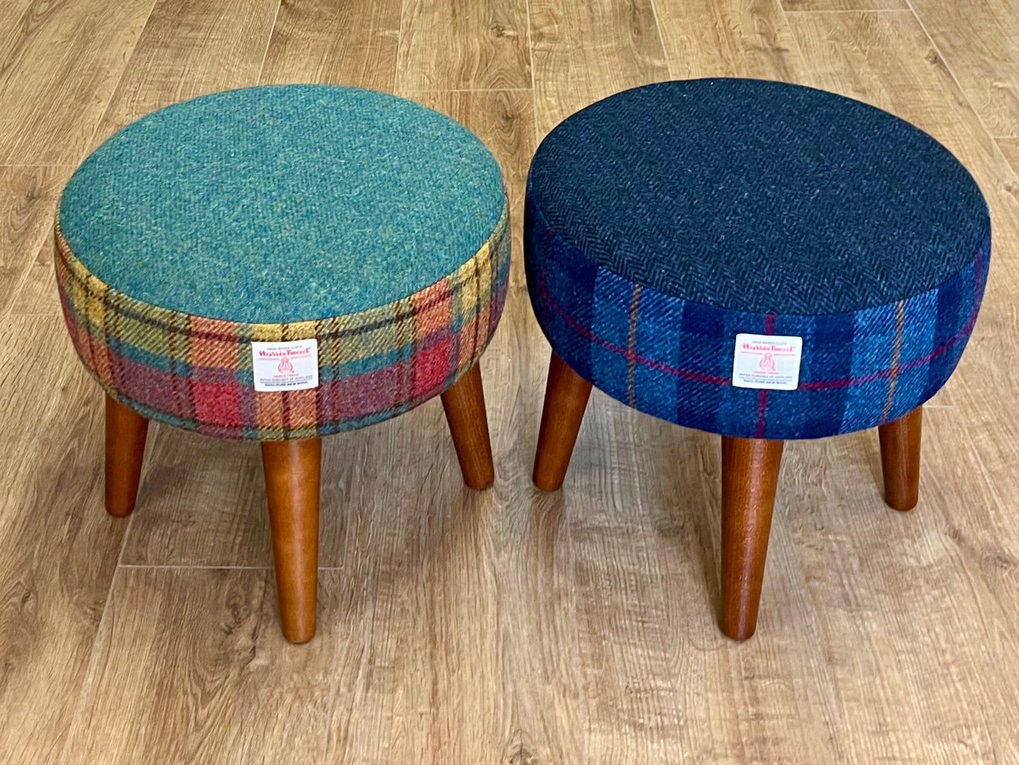 Small Navy Herringbone & Tartan Harris Tweed Footstool