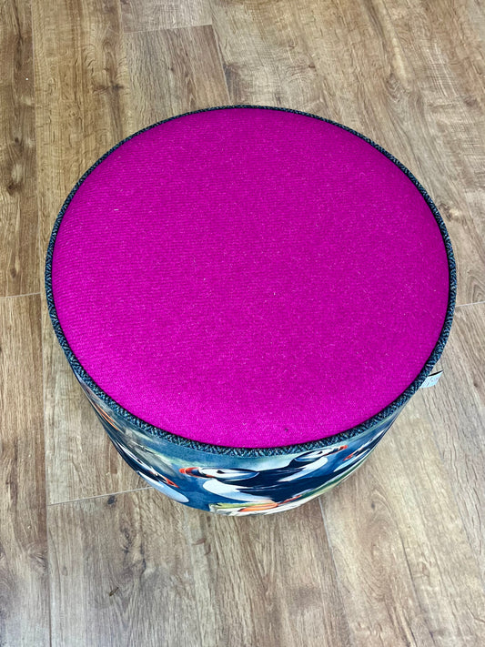Puffin Linen & Fuchsia Harris Tweed Chunky Footstool with Charcoal Piping Detail