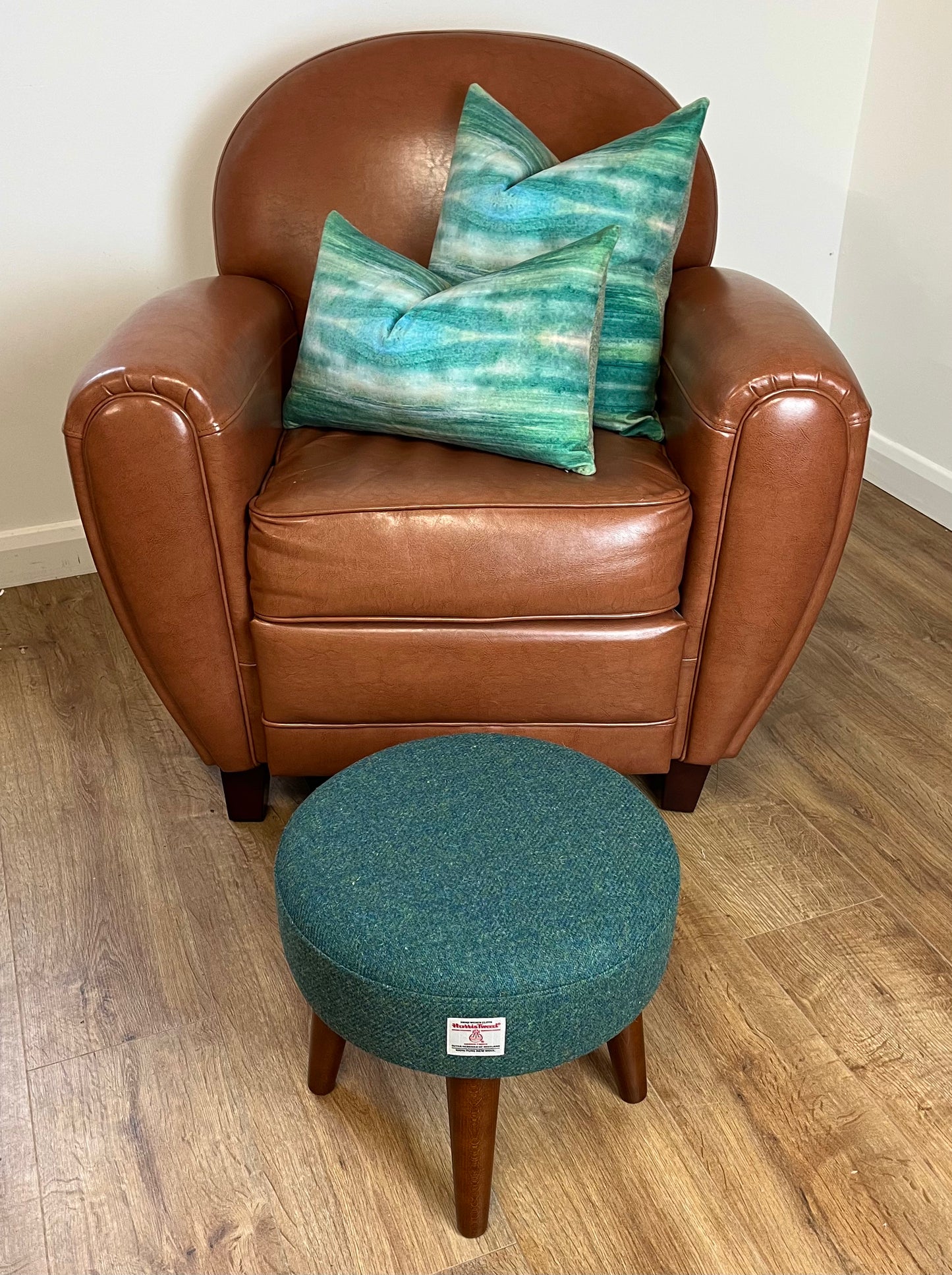 Deep Green Harris Tweed Footstool with Dark Varnished Light Wooden Legs