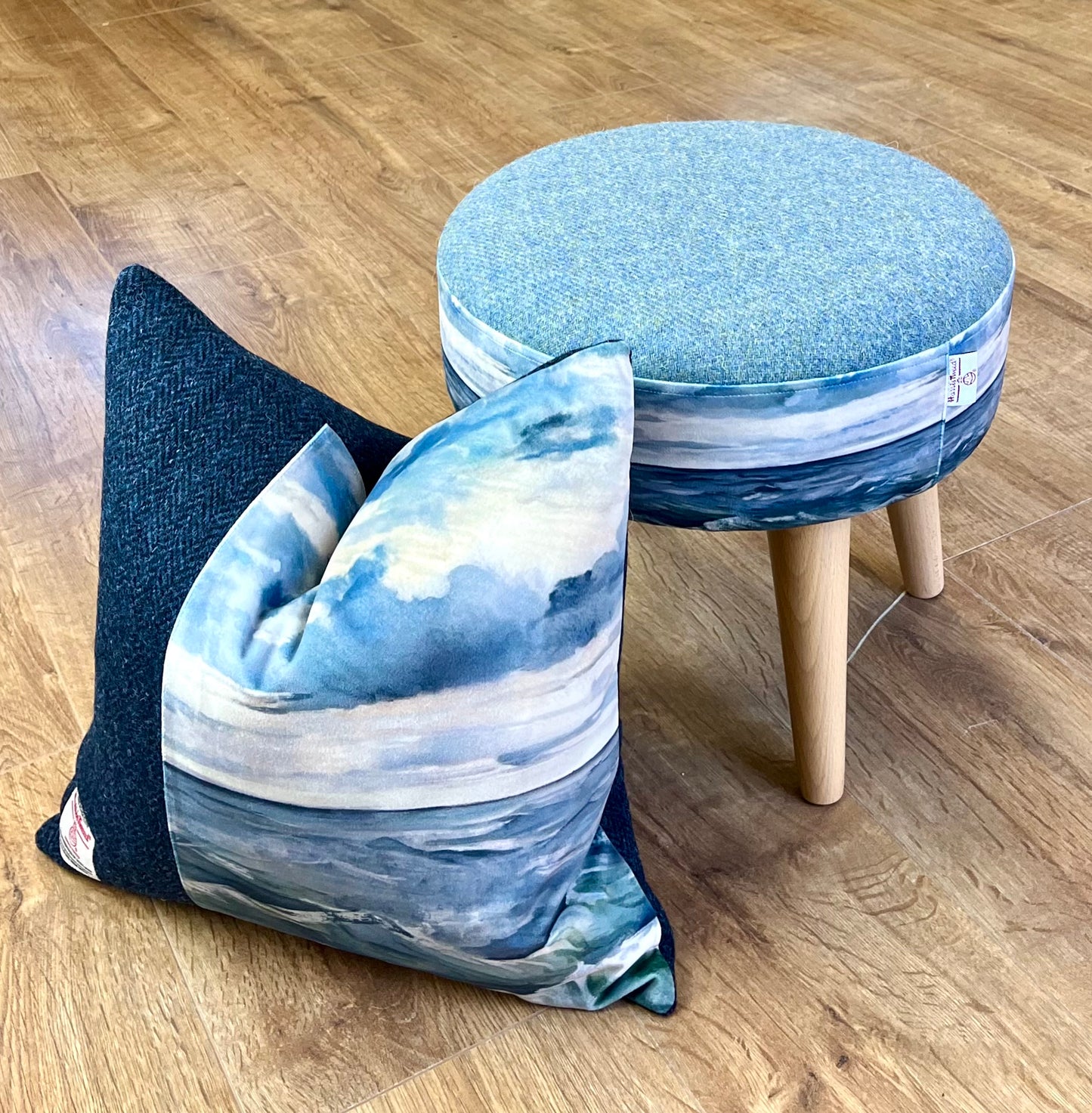 Sheigra Sea Velvet and Light Blue Harris Tweed Footstool