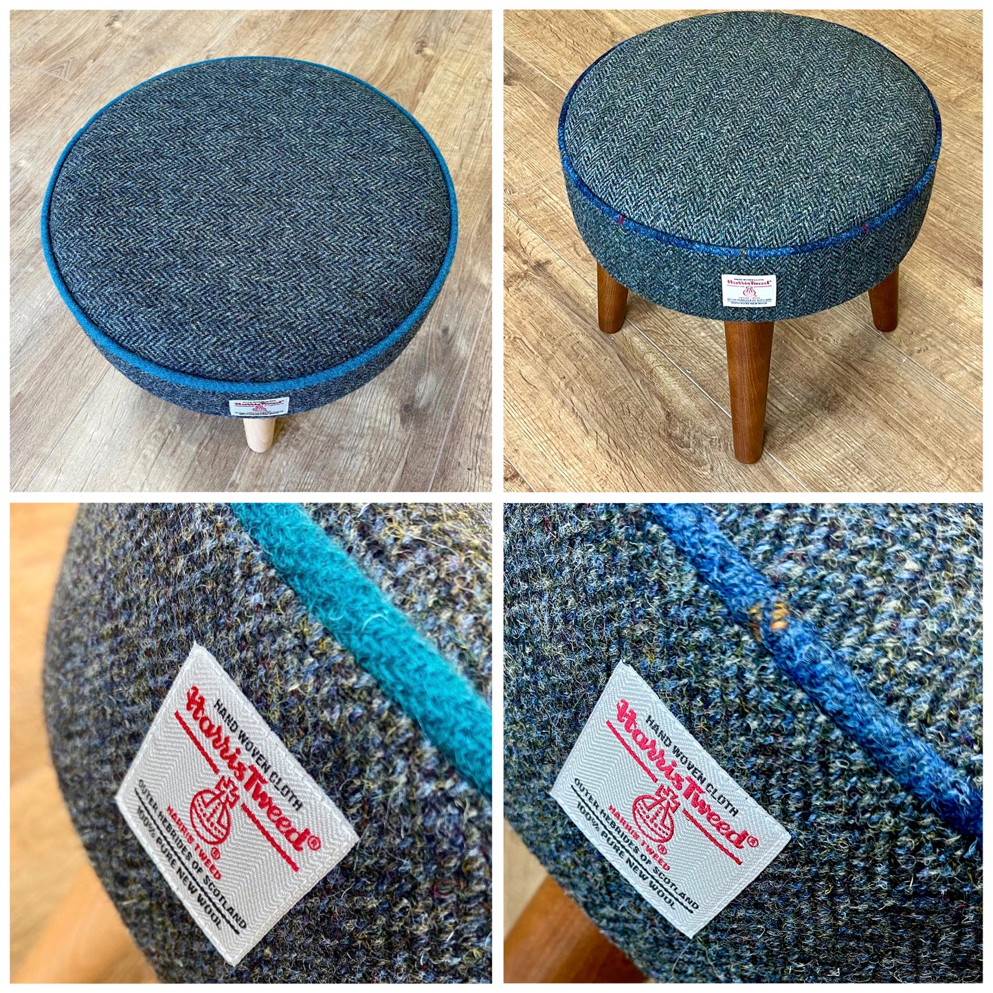 Charcoal Harris Tweed Footstool with Bright Pink Piping Detail
