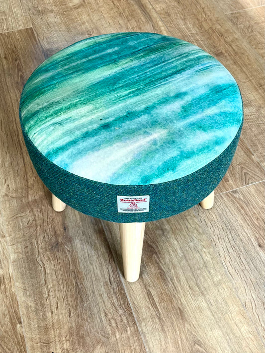 Emerald Sea Velvet and Harris Tweed Small Footstool