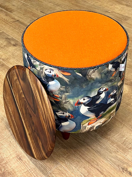 Puffin Linen & Orange Harris Tweed Chunky Table Footstool with Charcoal Piping Detail