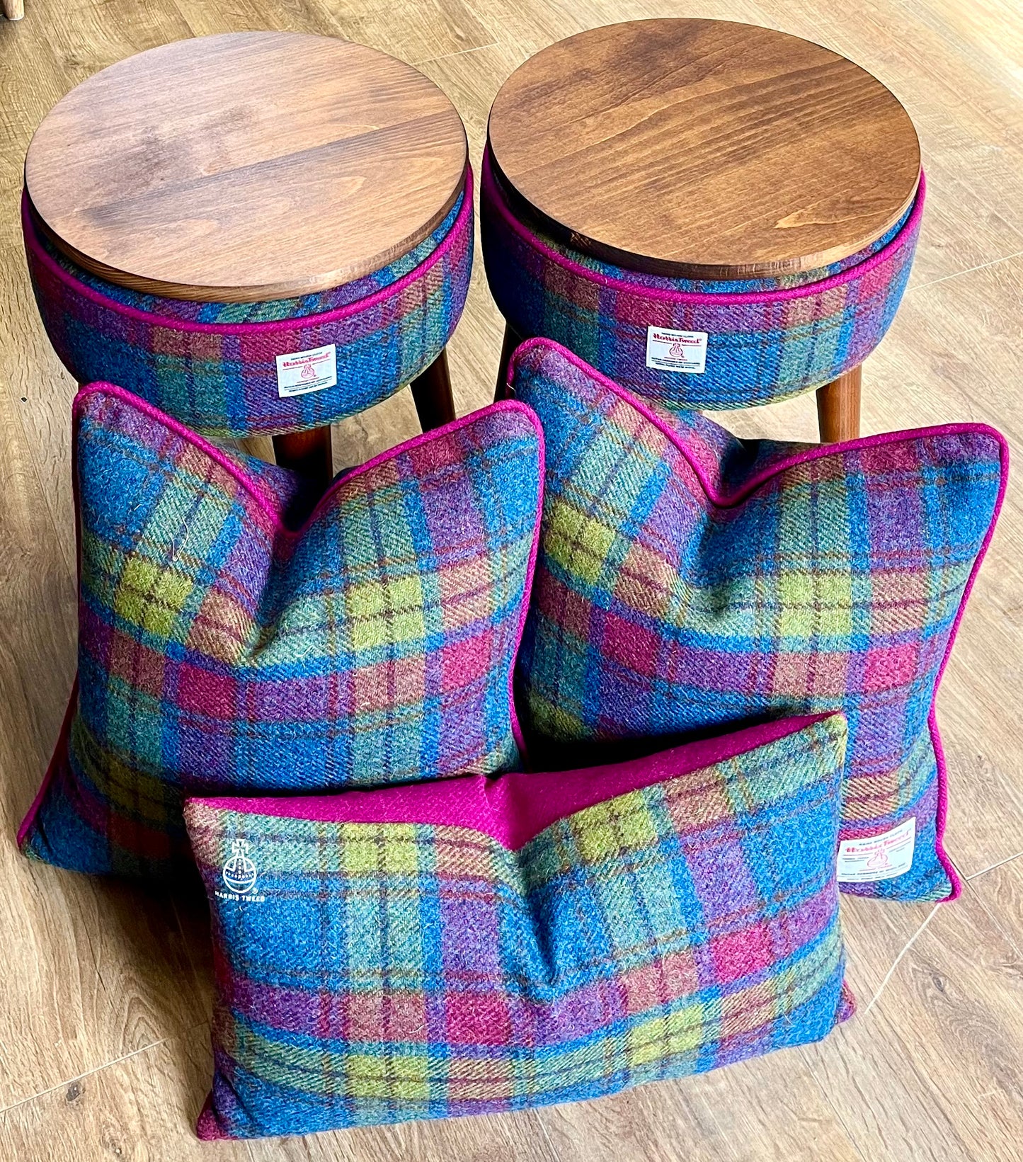 Colourful Tartan Harris Tweed Table Footstool with Fuchsia Piping and Removable Wooden Top