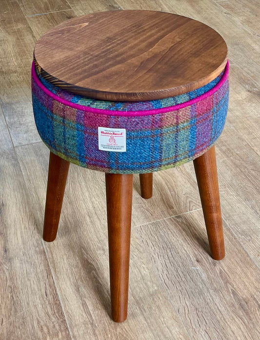 Colourful Tartan Harris Tweed Table Footstool with Fuchsia Piping and Removable Wooden Top