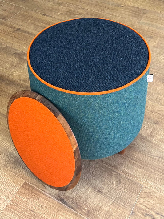 Green & Navy Harris Tweed Chunky Table Footstool with Orange Piping Detail