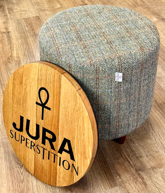 Jura Oak Whisky Barrel Top Harris Tweed 'Wee Dram' Table Footstool