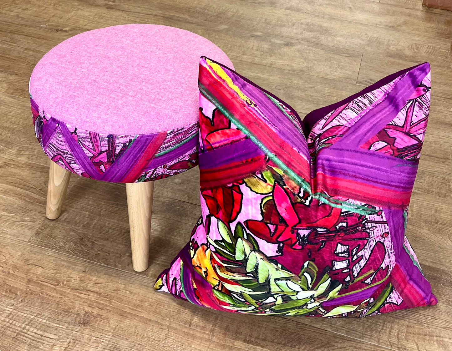 Geo Flower Velvet and Purple Harris Tweed Cushion 20”