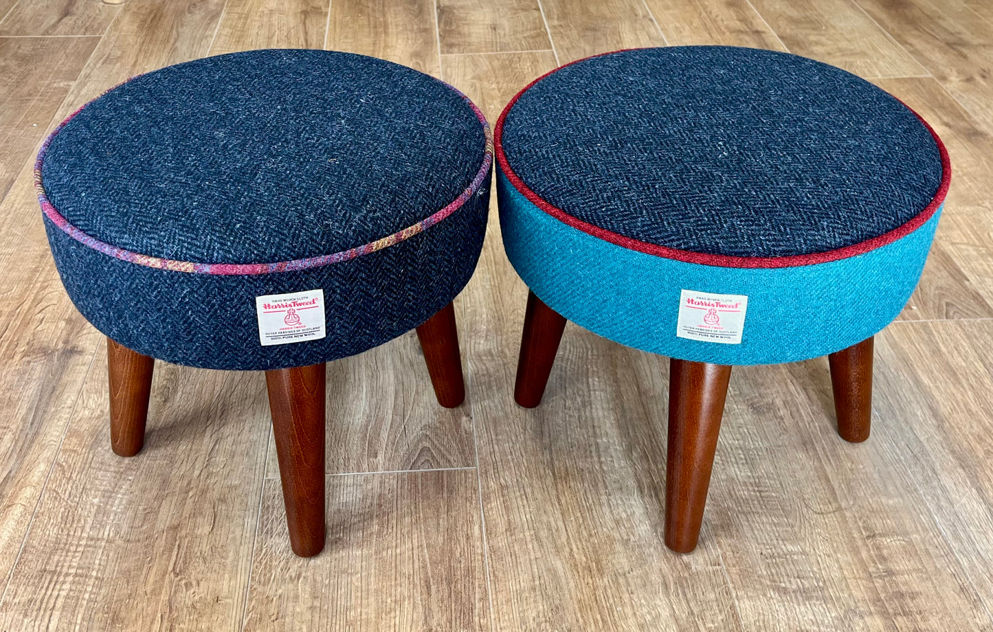 Navy and Teal Harris Tweed Footstool with Red Piping and Dark Varnished Wooden Legs