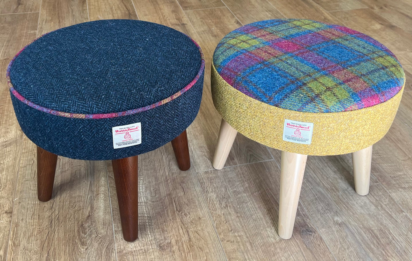 Sky Blue and Mustard Tartan Harris Tweed Footstool with Varnished Light Wooden Legs