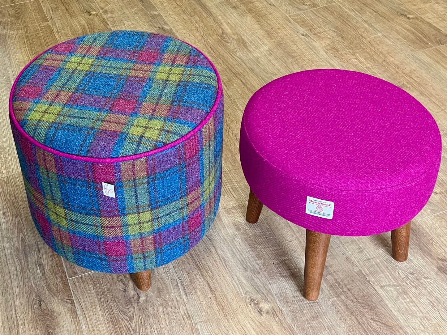 Colourful Tartan Harris Tweed Chunky End Table Footstool with Fuchsia Piping