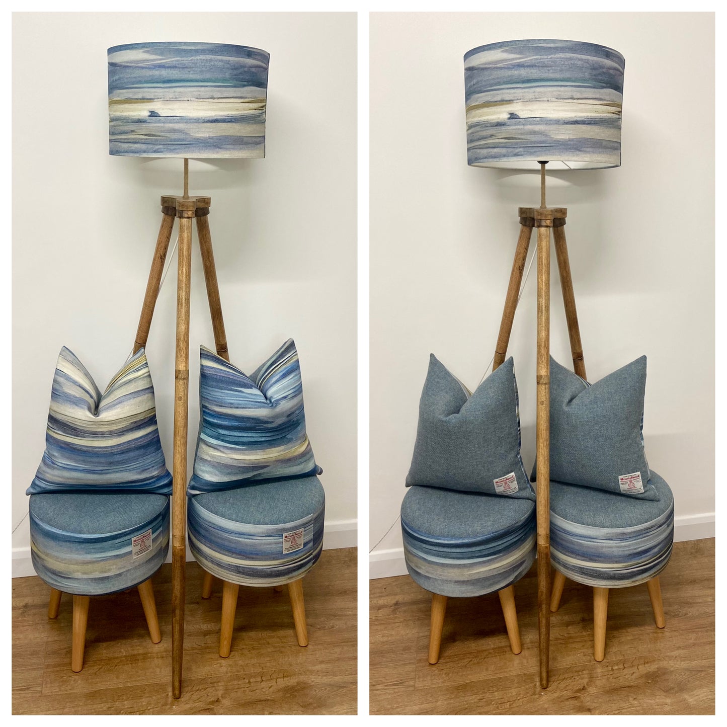 Seascape Cushion with Blue Harris Tweed and Duck Feather Insert, 18”