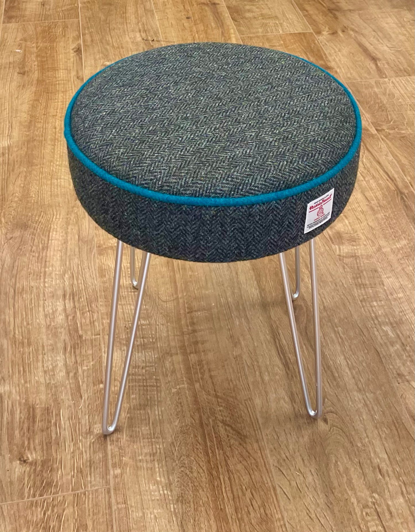 Charcoal Harris Tweed Stool with Teal Piping and Silver Hairpin Legs