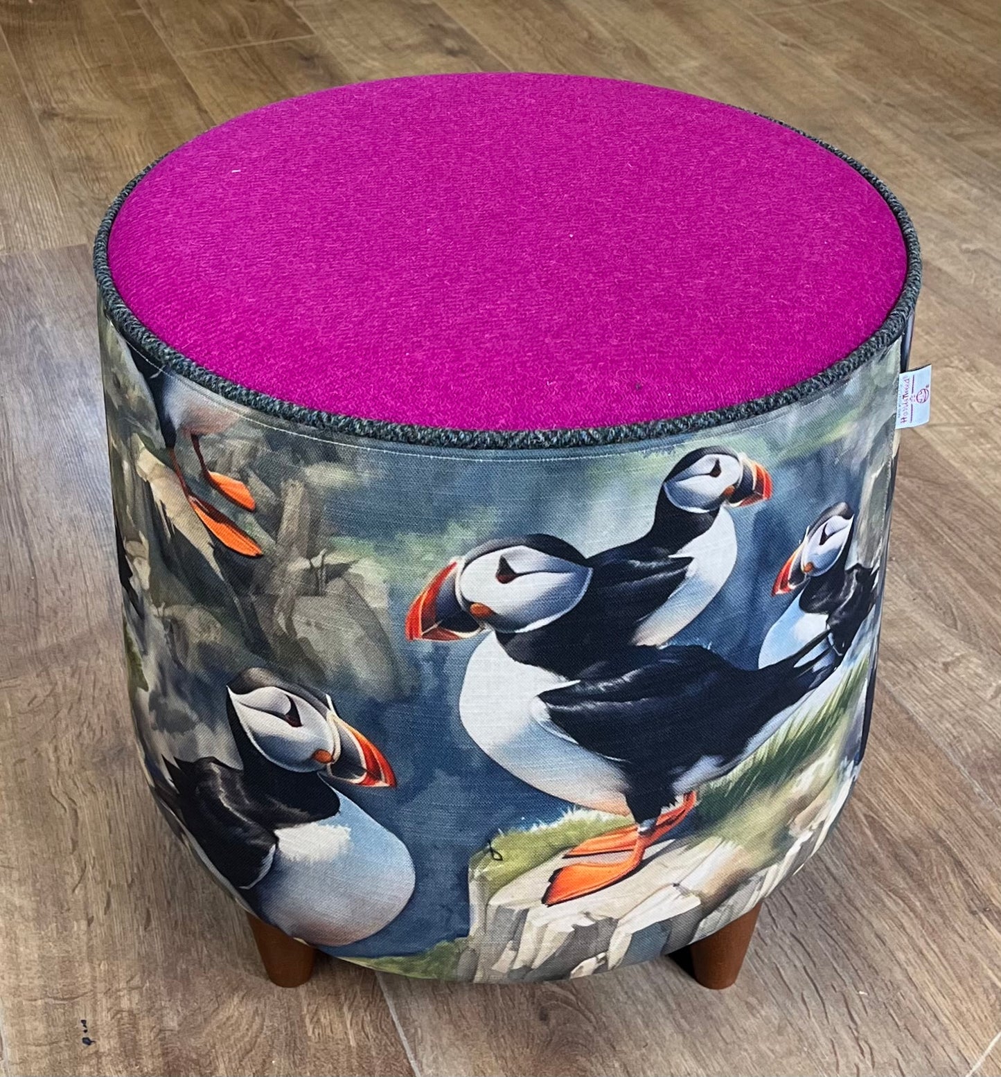 Puffin Linen & Fuchsia Harris Tweed Chunky Footstool with Charcoal Piping Detail