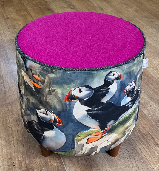 Puffin Linen & Fuchsia Harris Tweed Chunky Footstool with Charcoal Piping Detail