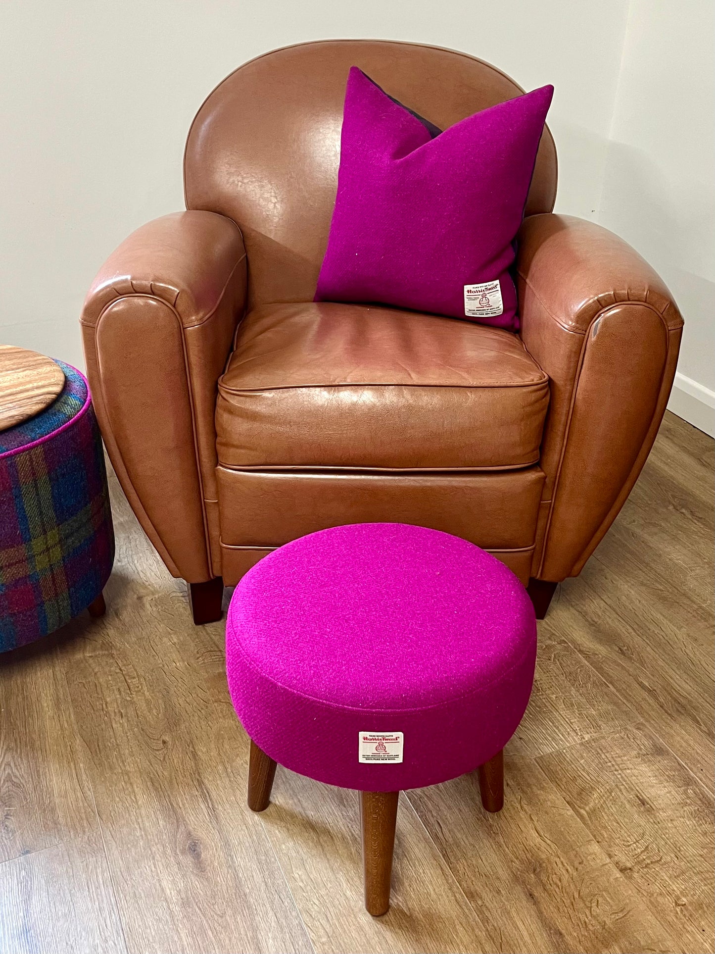 Fuchsia Harris Tweed Footstool with Dark Varnished Wooden Legs