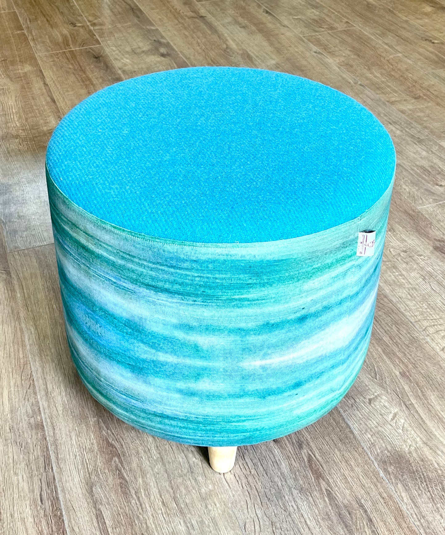 Turquoise Sea Linen Footstool with Harris Tweed