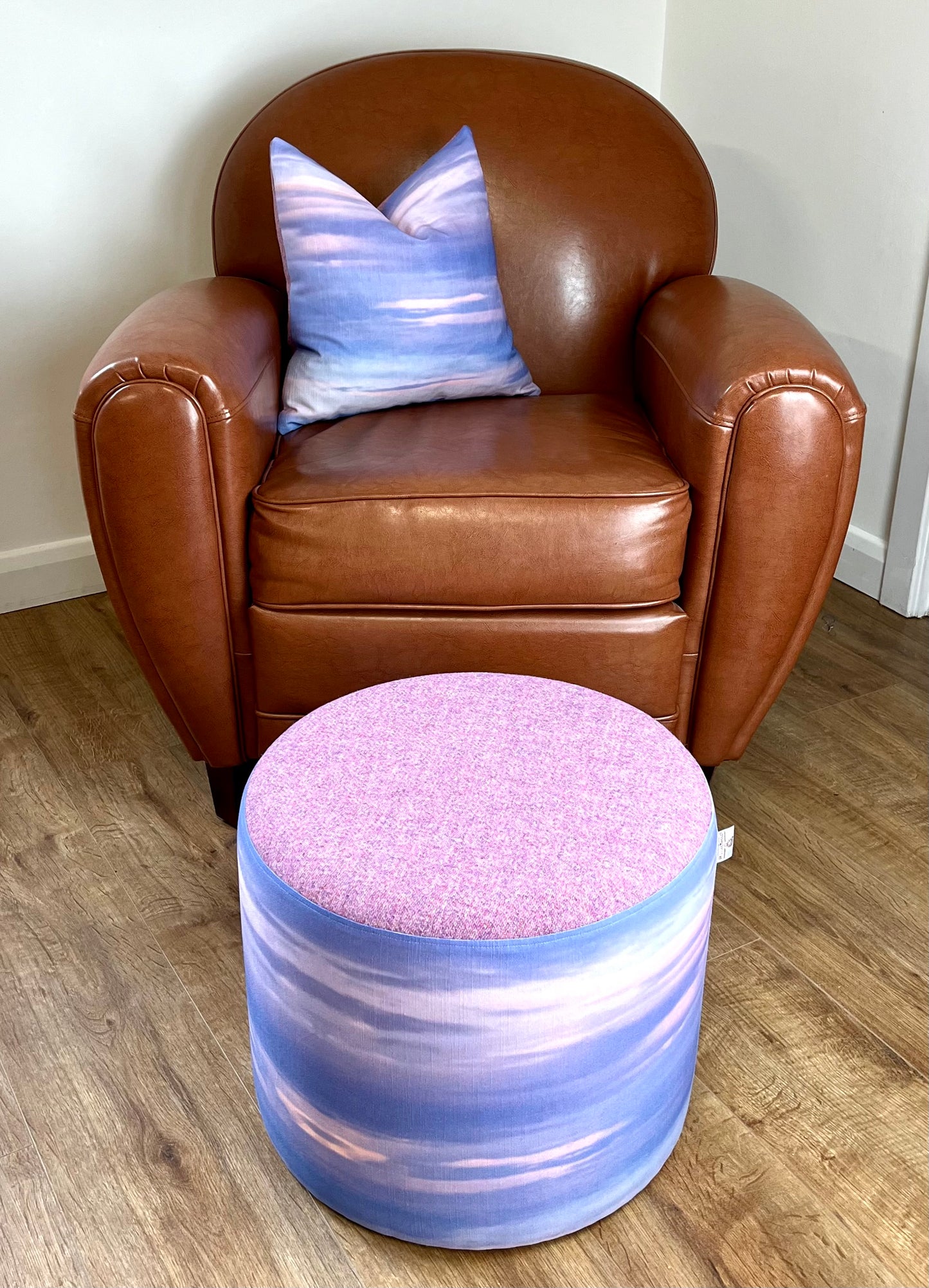 Skyscape Linen and Dusky Pink Harris Tweed Floating Footstool