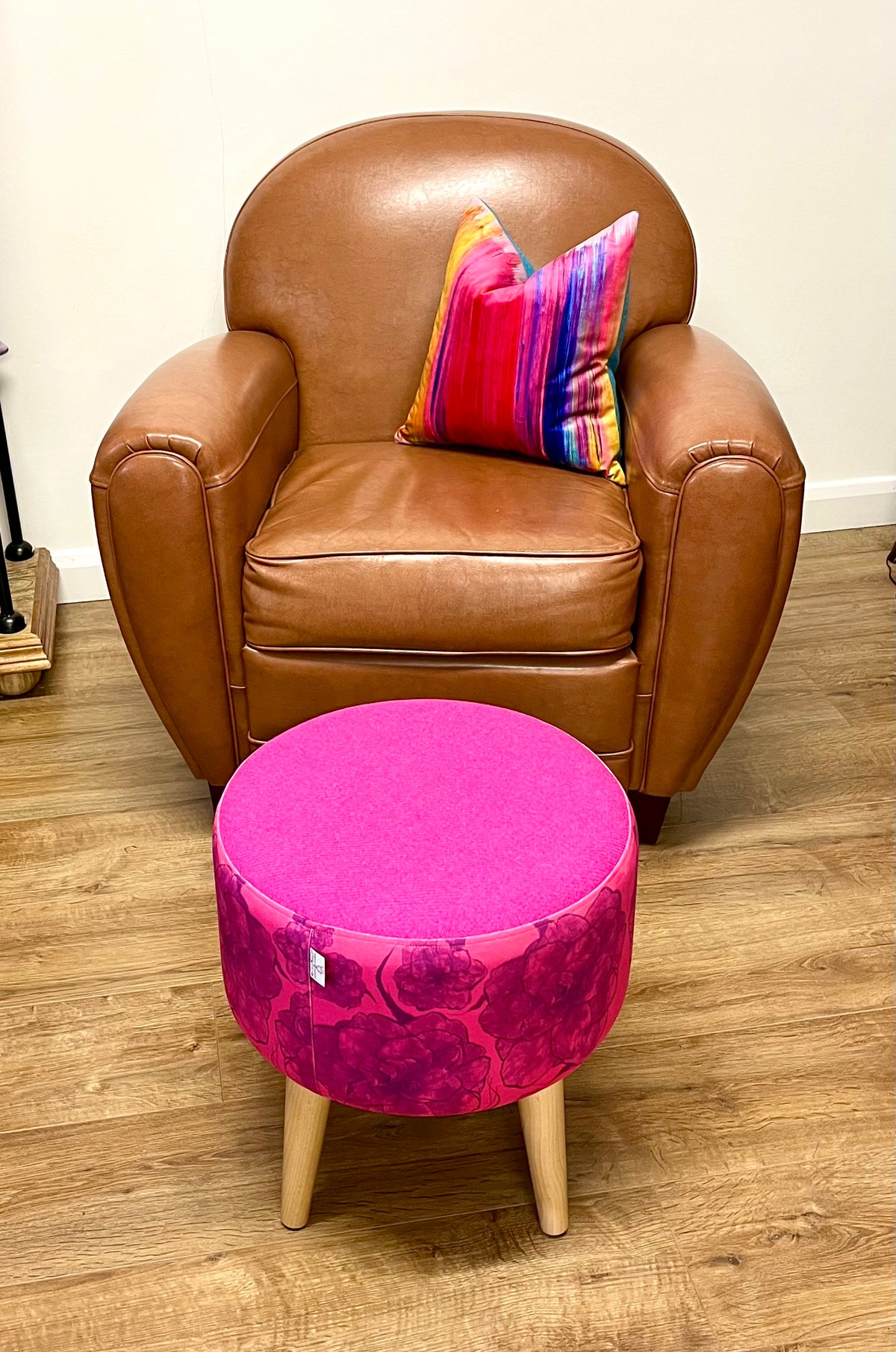 Purple Camellia on Pink Velvet and Harris Tweed Footstool