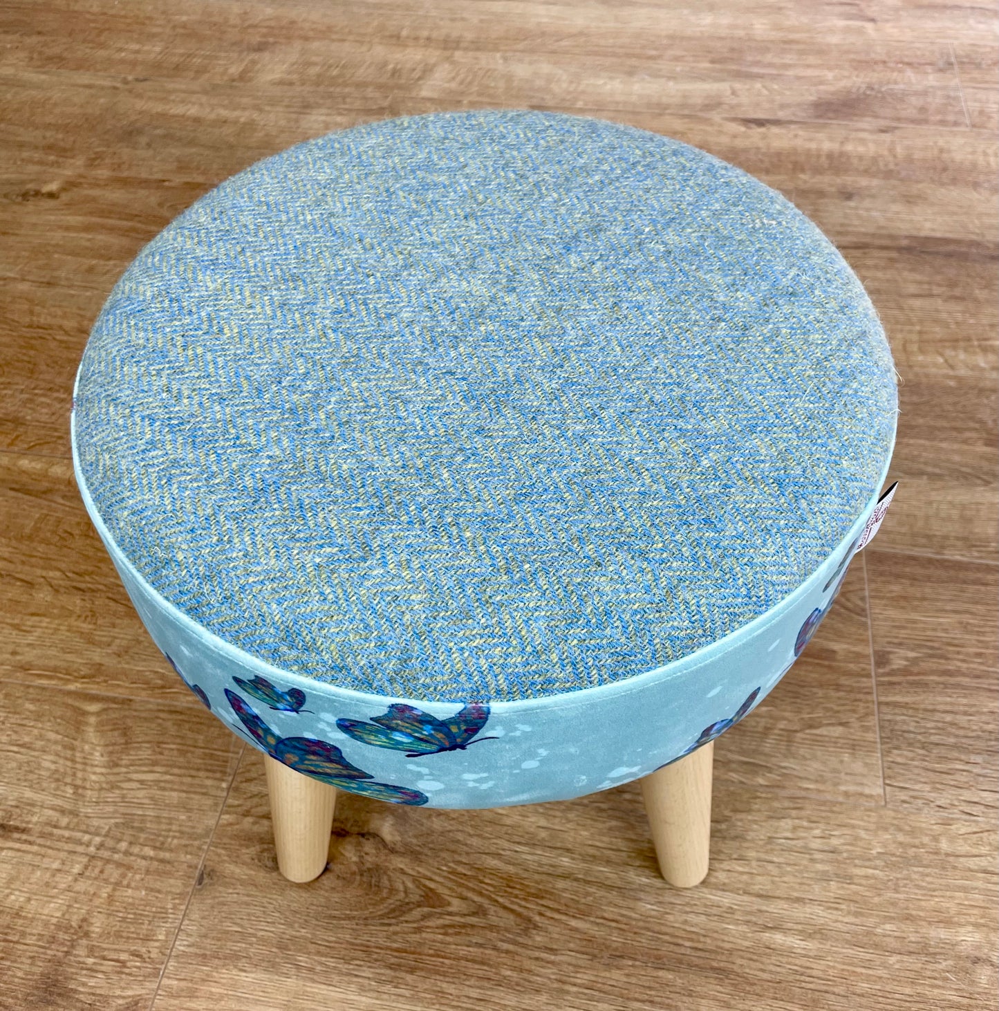Butterflies in Rain Velvet and Harris Tweed Small Footstool