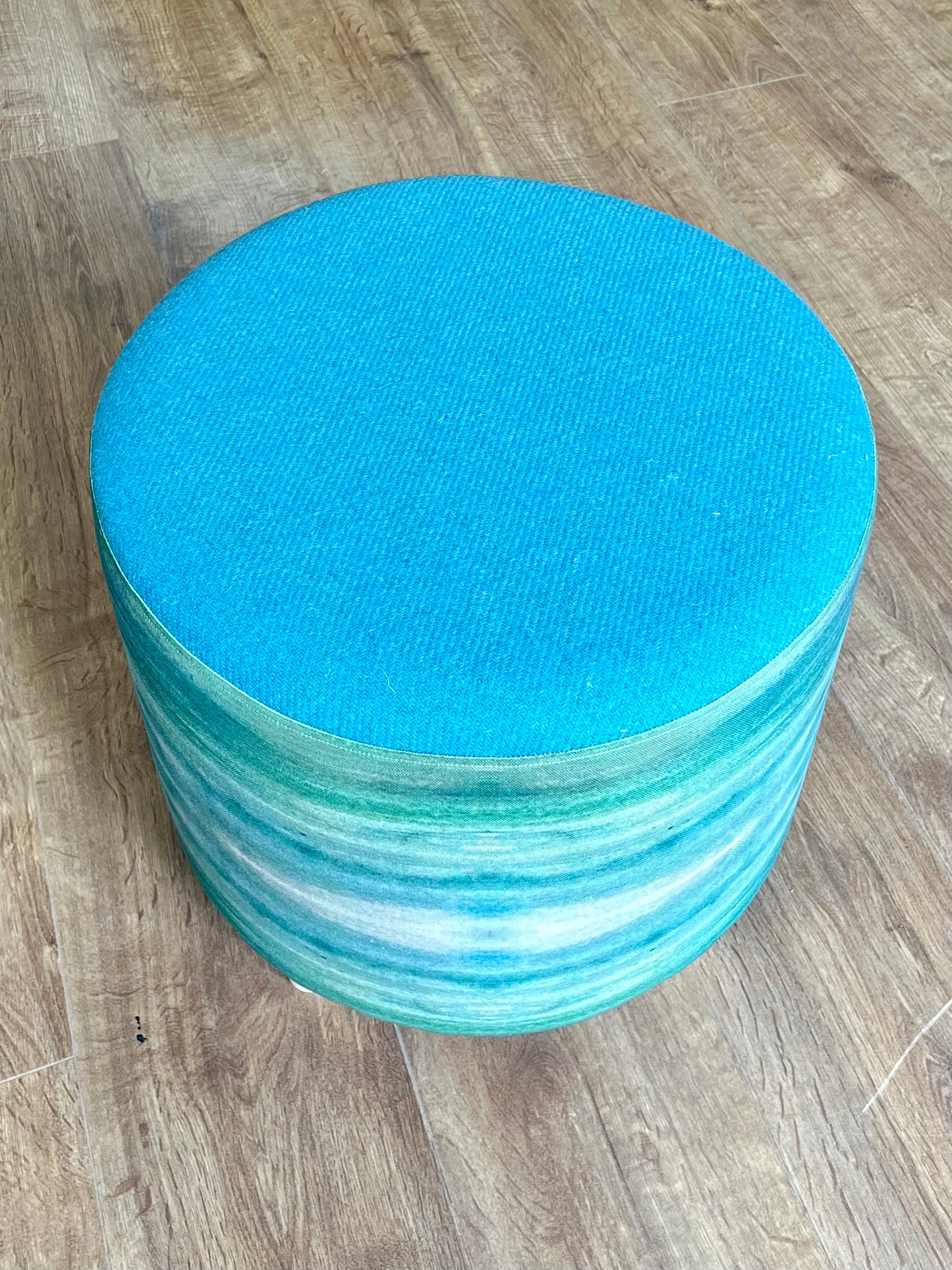 Turquoise Sea Linen Footstool with Harris Tweed