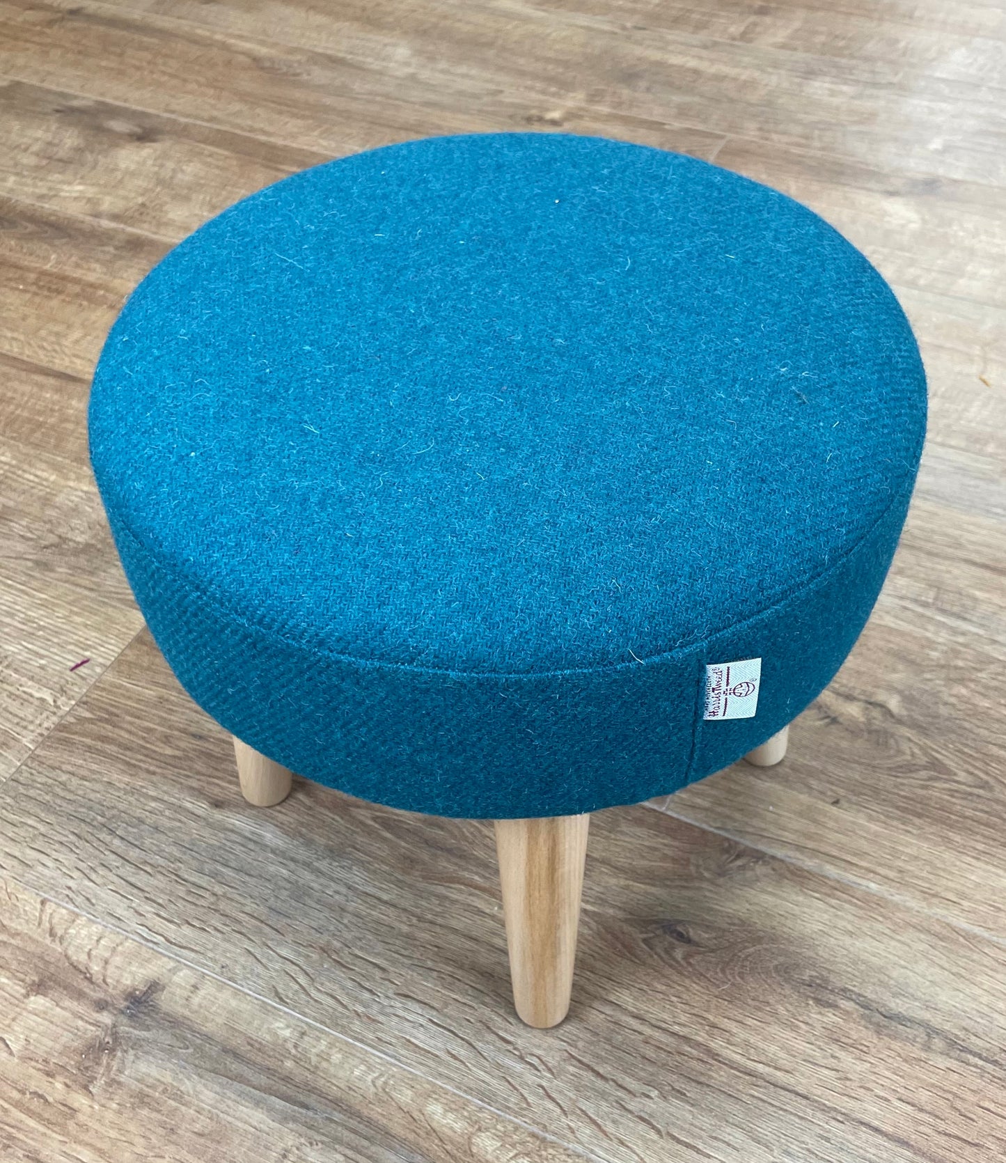 Small Teal Harris Tweed Footstool with Varnished Wooden Legs