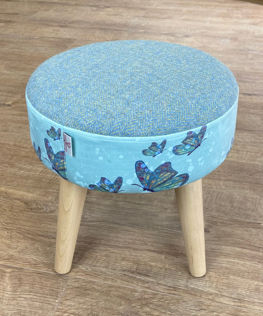 Butterflies in Rain Velvet and Harris Tweed Small Footstool