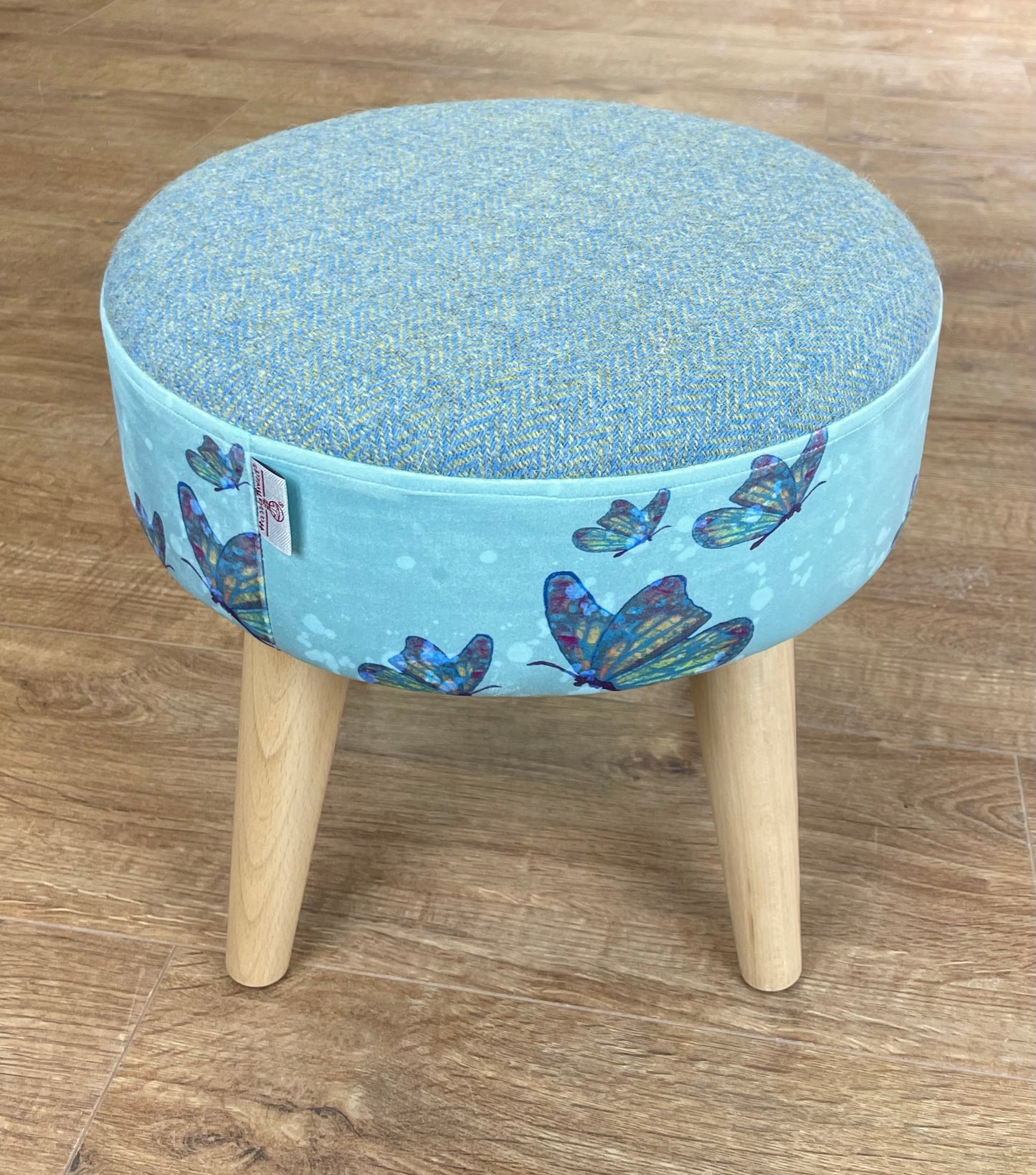 Butterflies in Rain Velvet and Harris Tweed Small Footstool