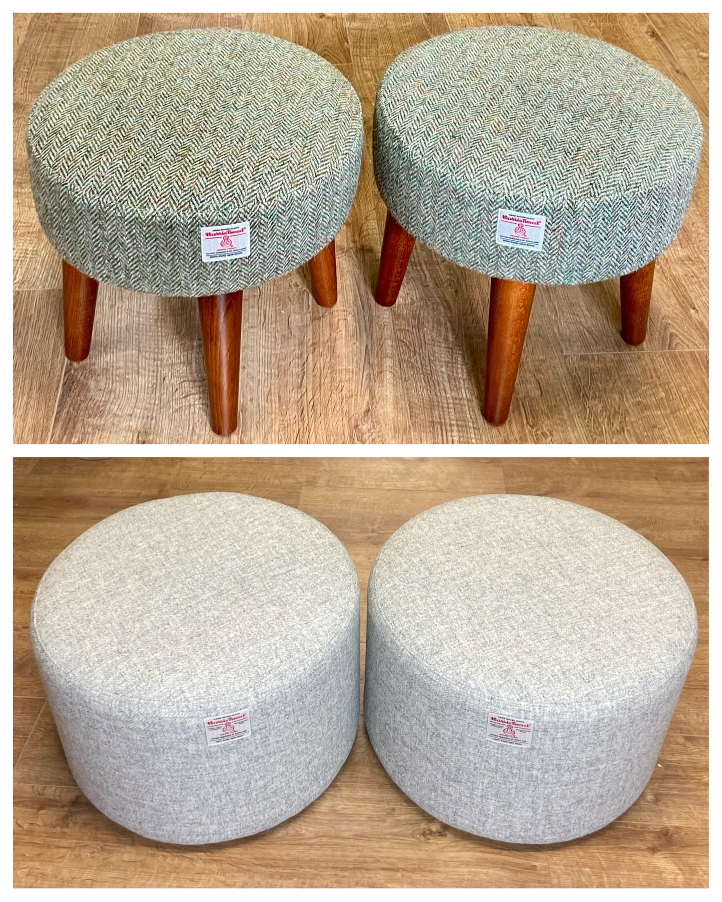 Light Brown Green Harris Tweed Footstool with Dark Varnished Wooden Legs