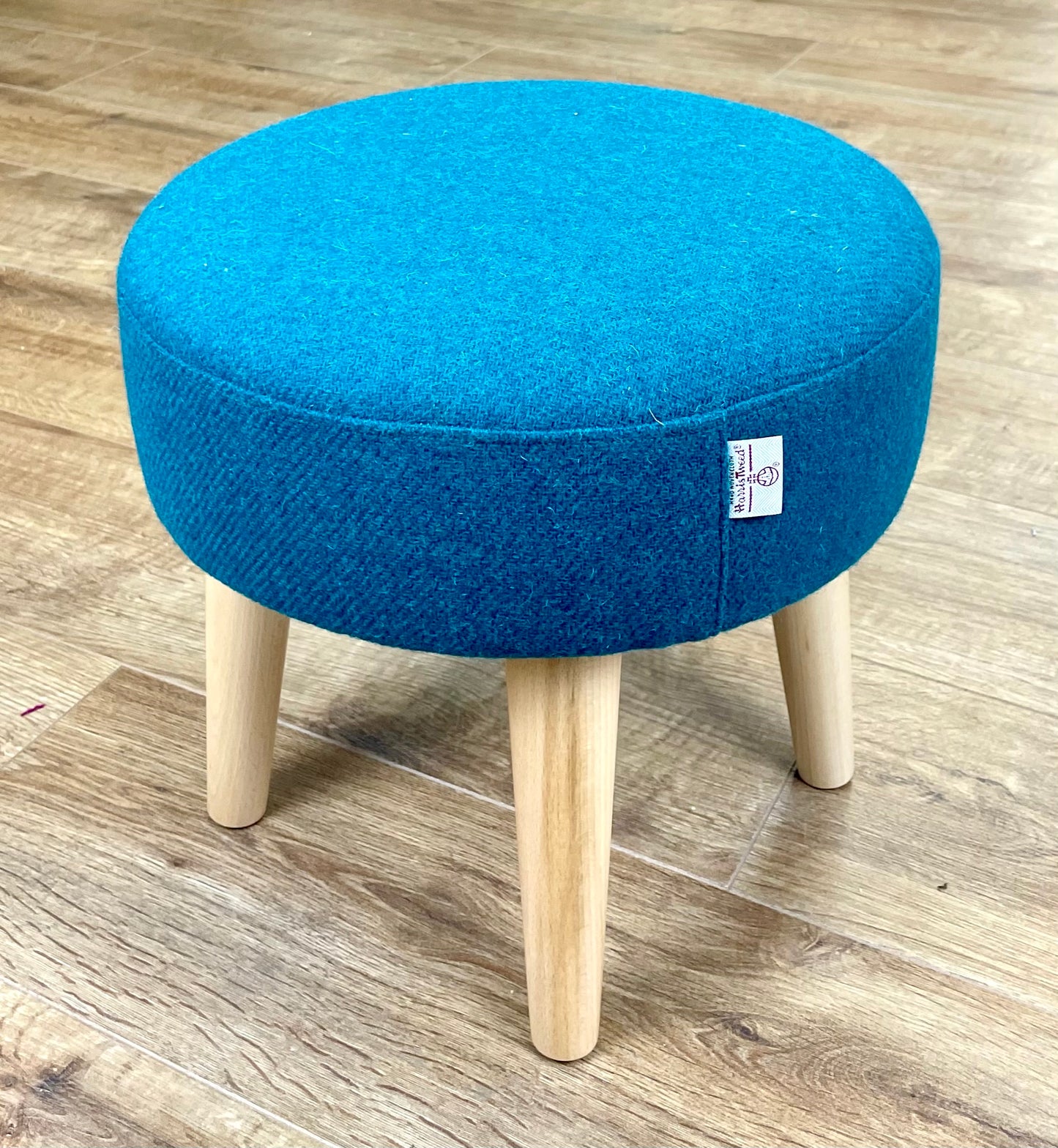 Small Teal Harris Tweed Footstool with Varnished Wooden Legs