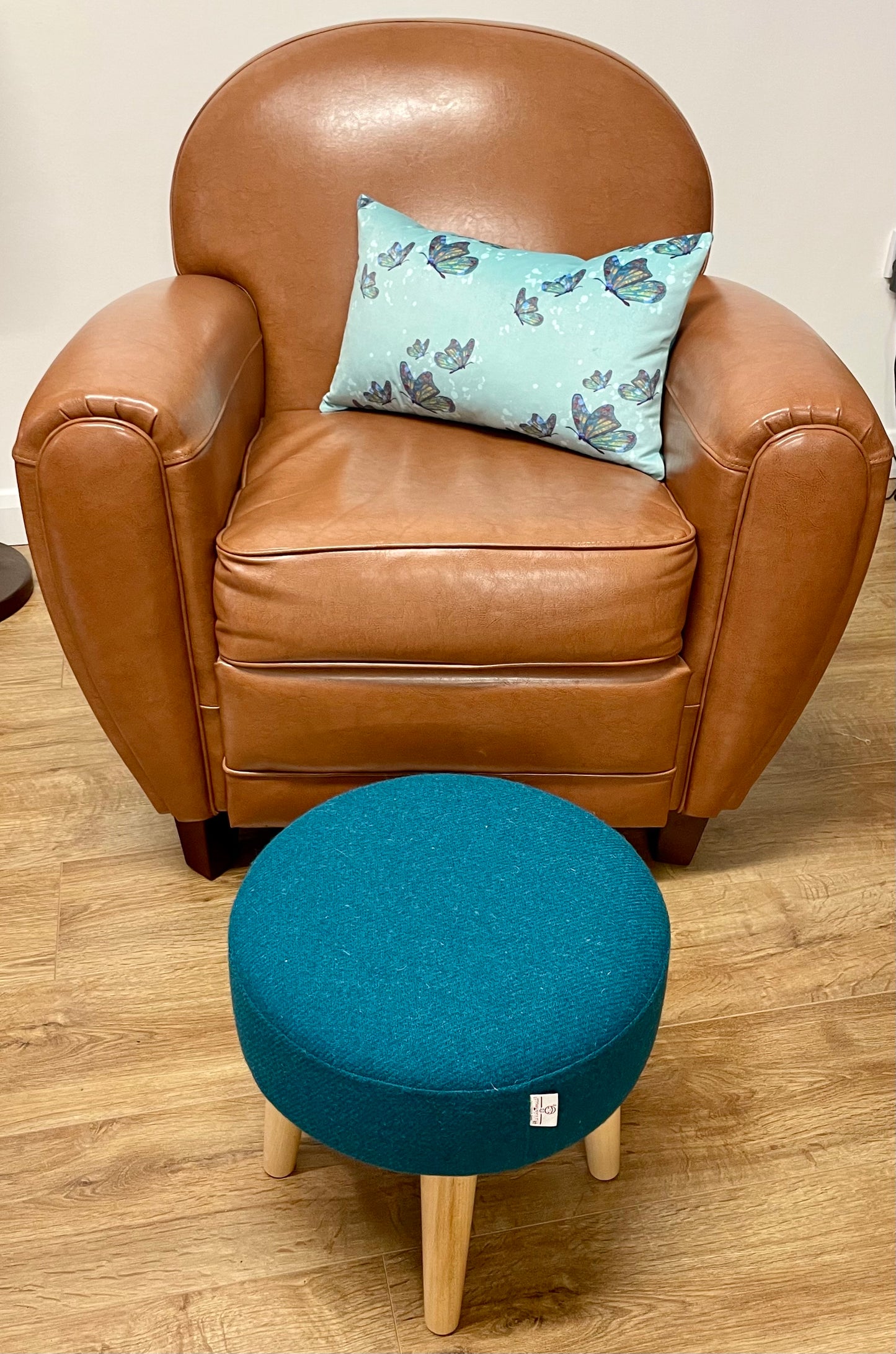 Small Teal Harris Tweed Footstool with Varnished Wooden Legs