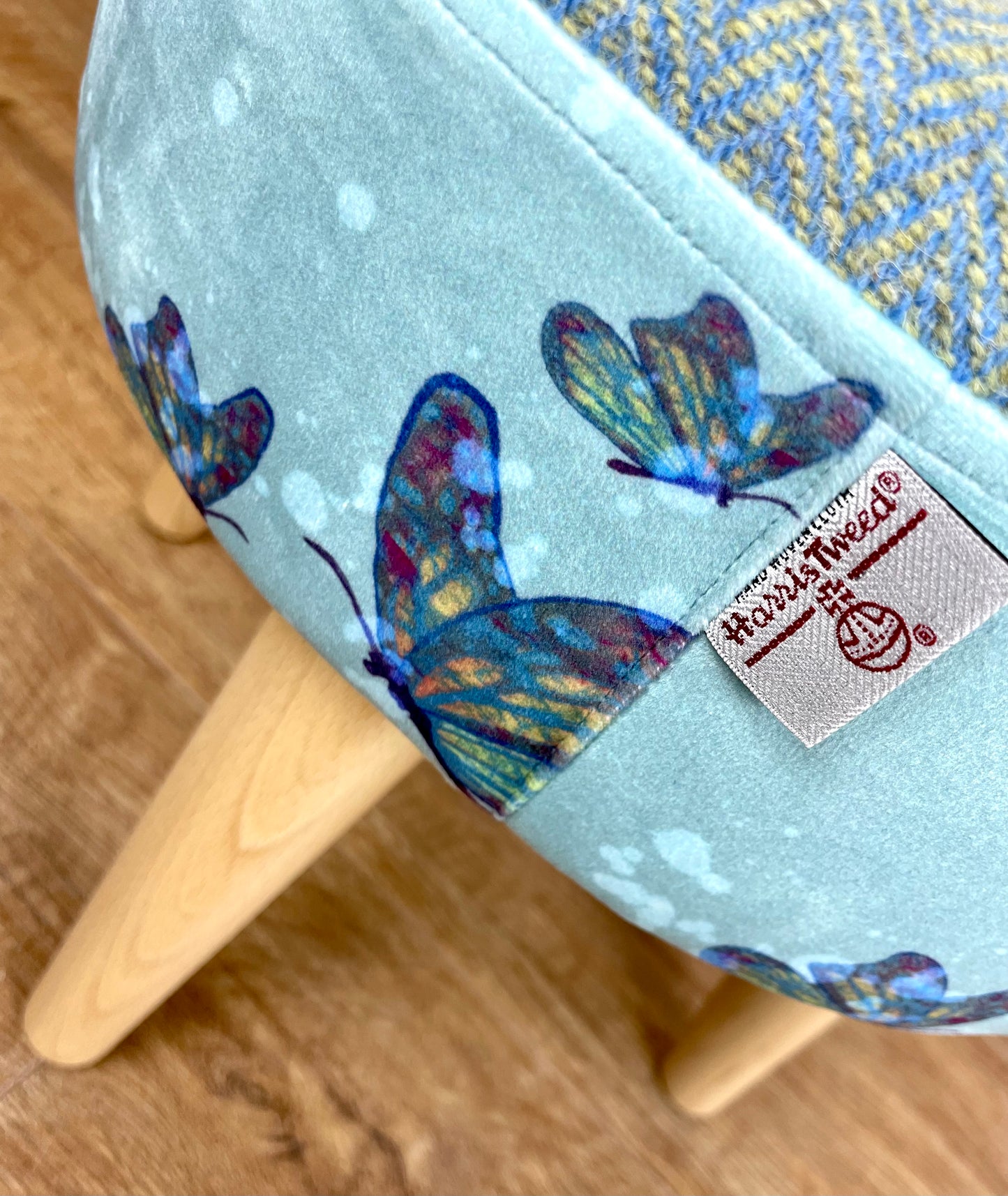 Butterflies in Rain Velvet and Harris Tweed Small Footstool