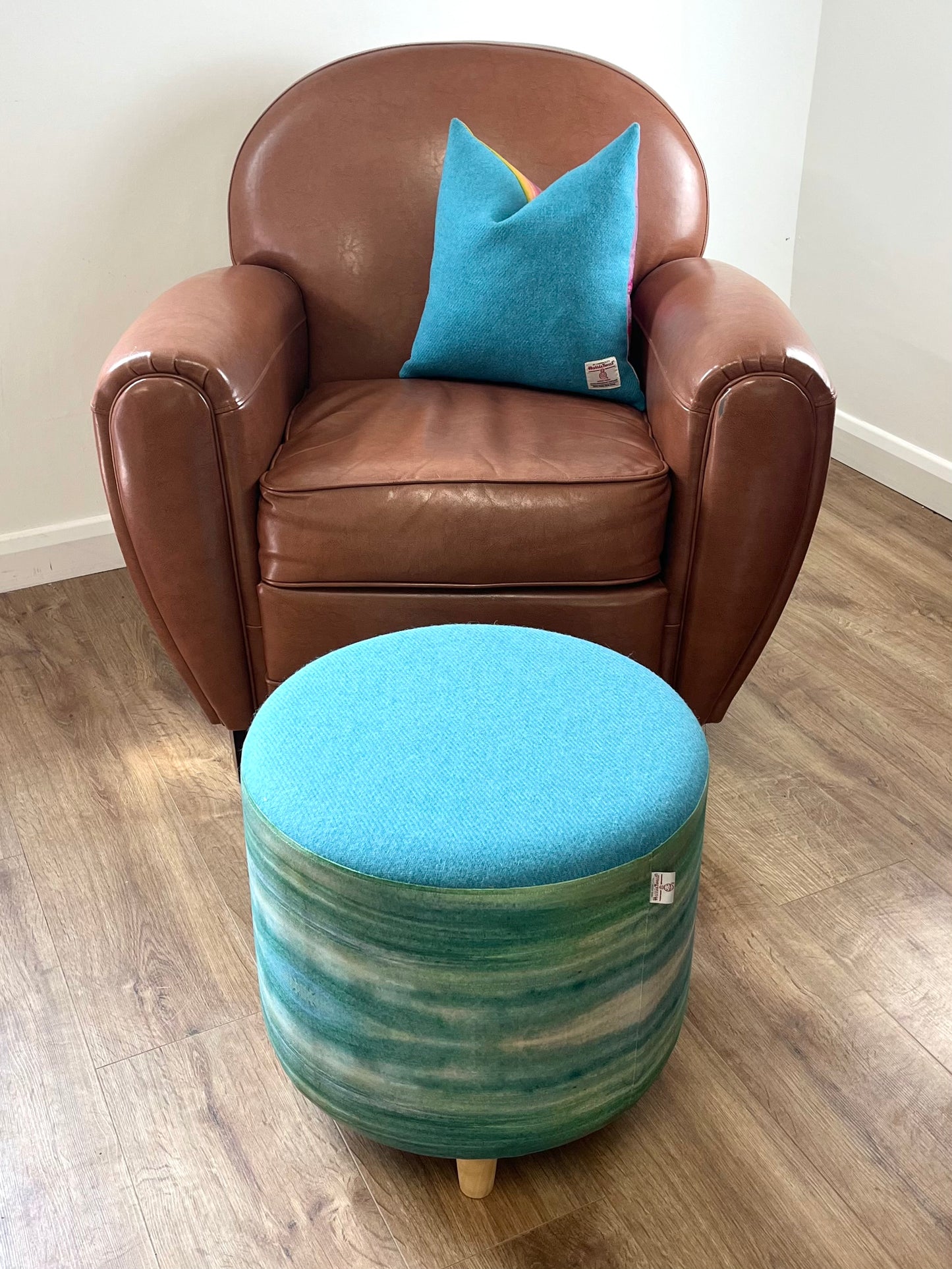 Turquoise Sea Linen Footstool with Harris Tweed