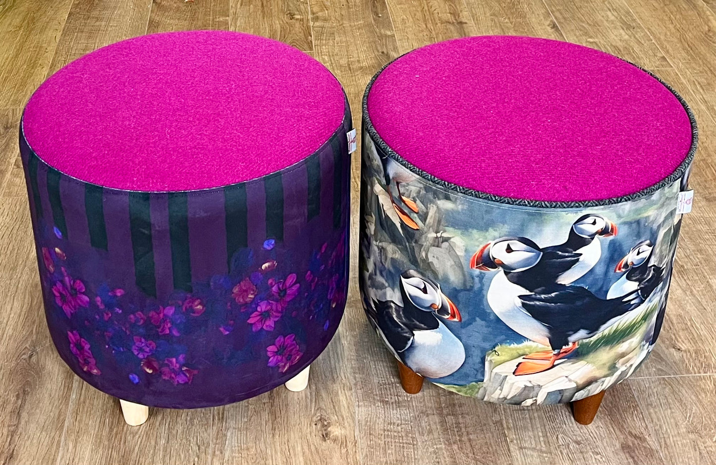 Puffin Linen & Fuchsia Harris Tweed Chunky Footstool with Charcoal Piping Detail