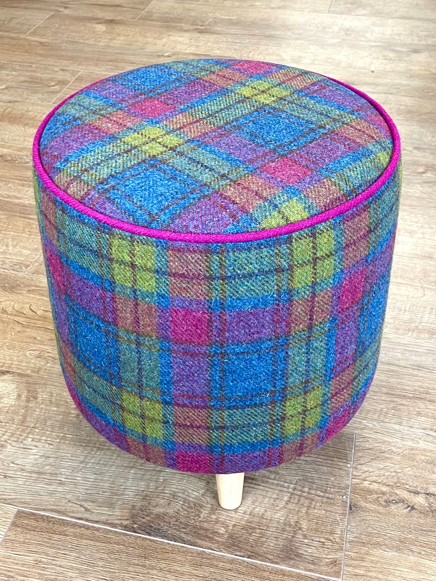 Colourful Harris Tweed Chunky Footstool with Fuchsia Piping Detail