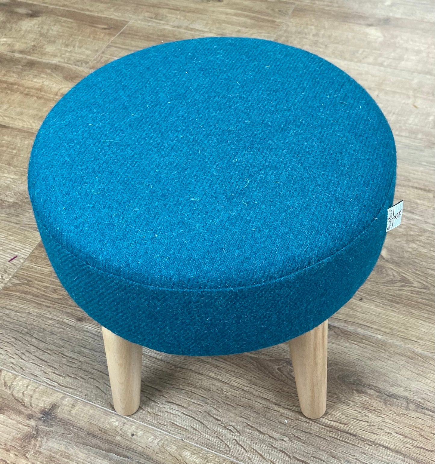 Small Teal Harris Tweed Footstool with Varnished Wooden Legs