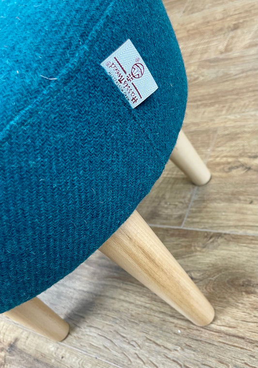 Small Teal Harris Tweed Footstool with Varnished Wooden Legs