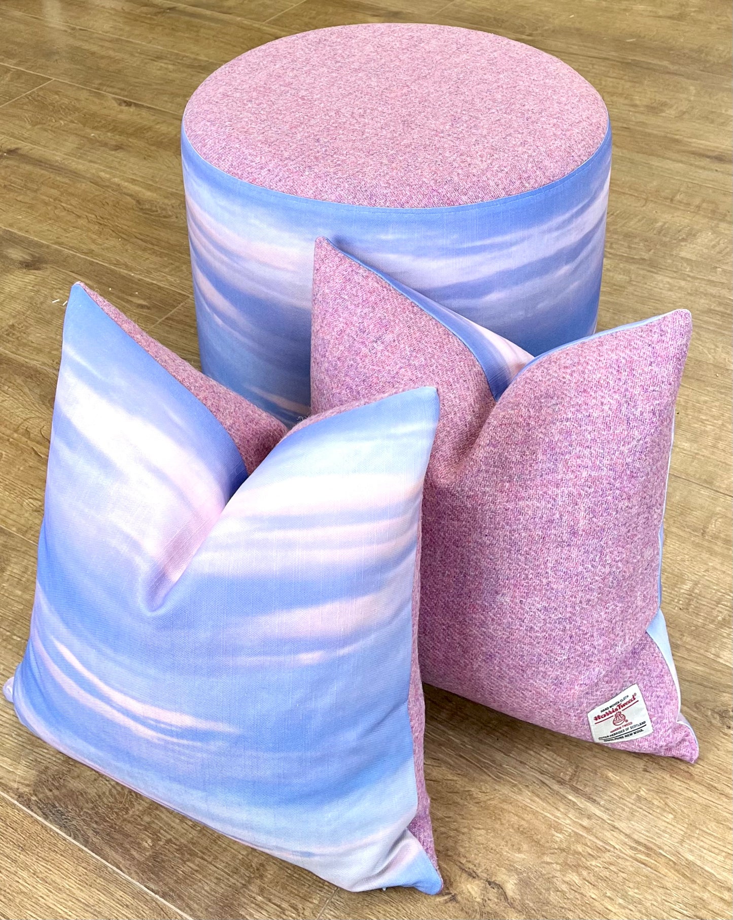 Skyscape Linen and Dusky Pink Harris Tweed Cushion 16”