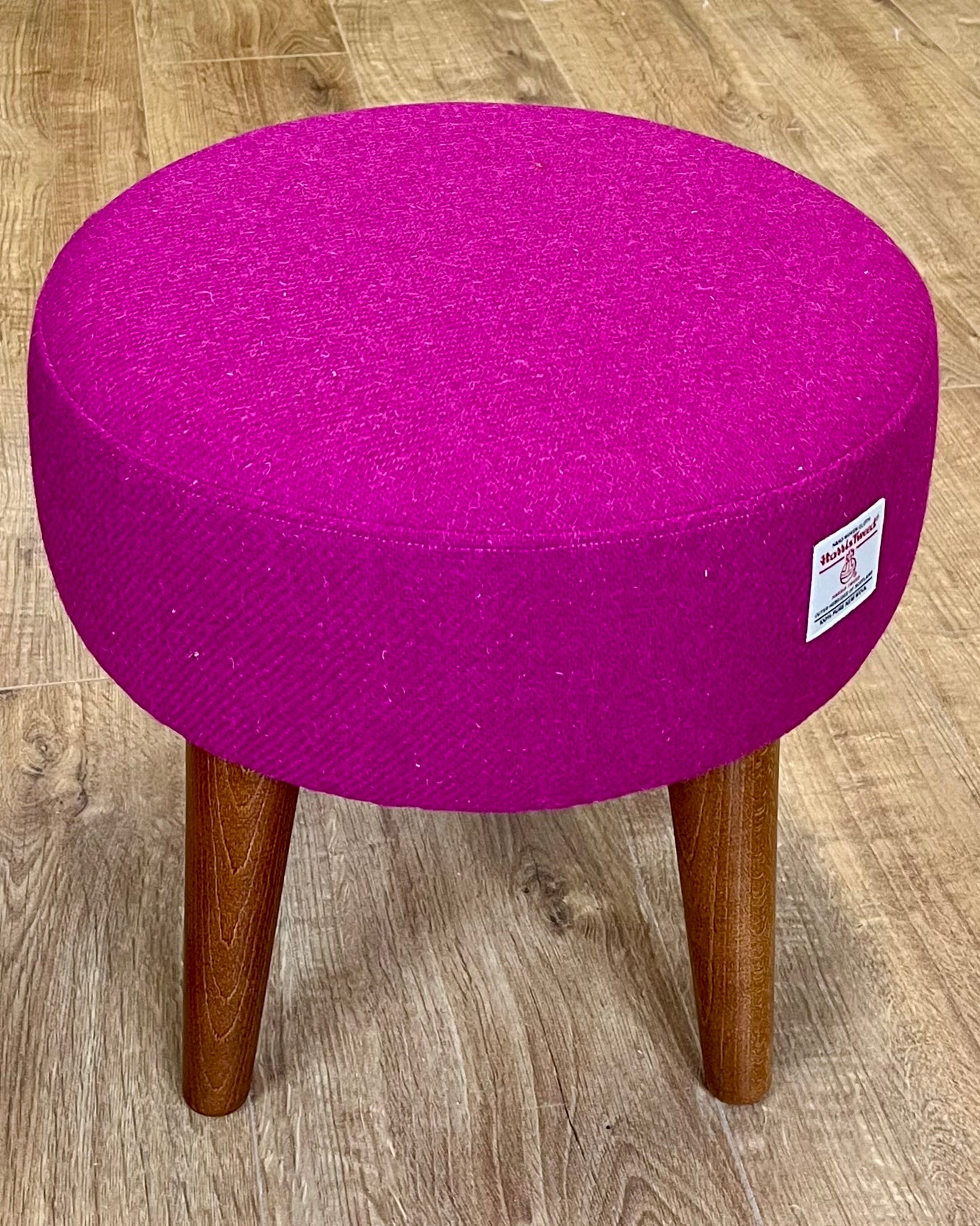 Fuchsia Harris Tweed Footstool with Dark Varnished Wooden Legs