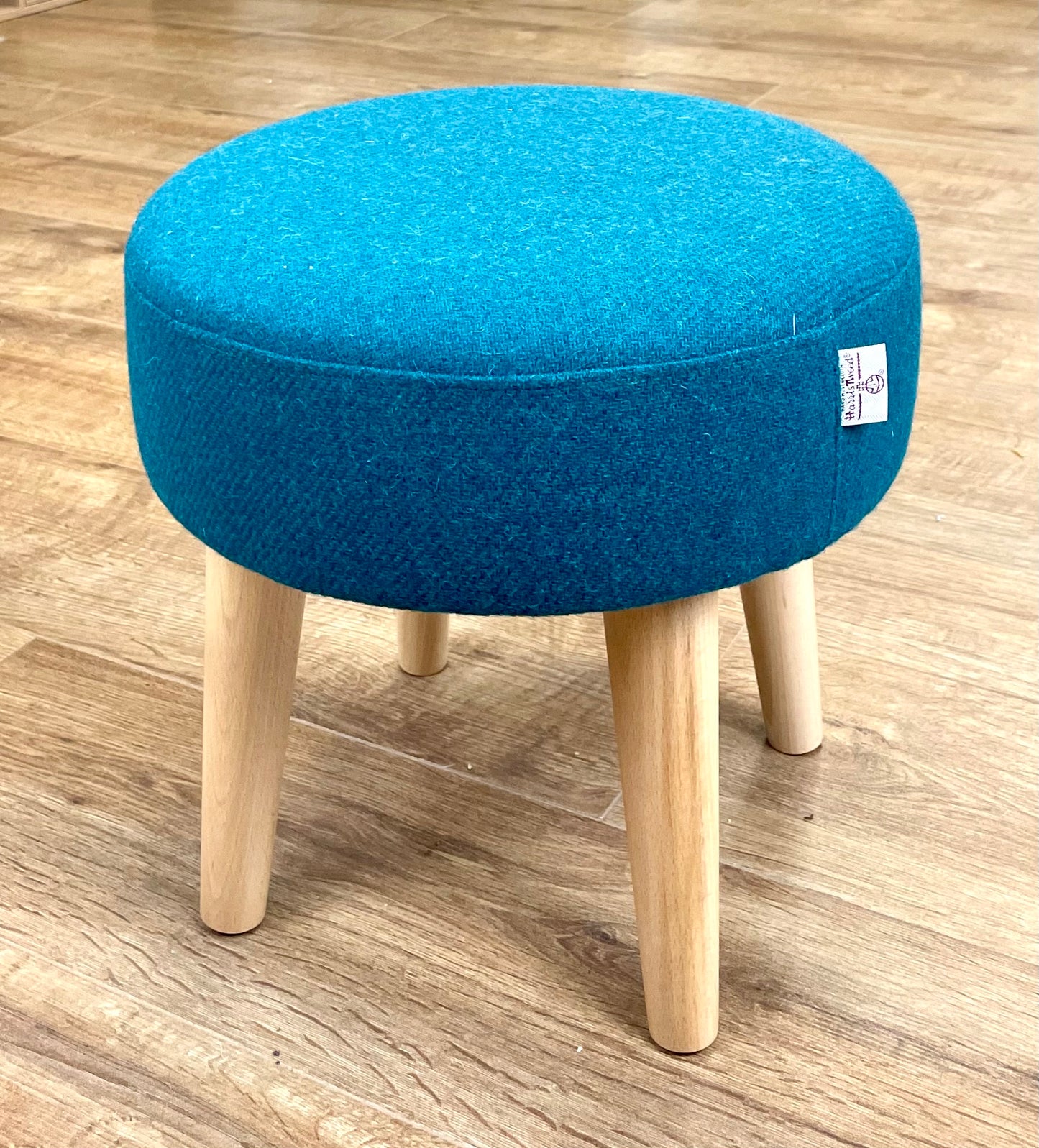 Small Teal Harris Tweed Footstool with Varnished Wooden Legs