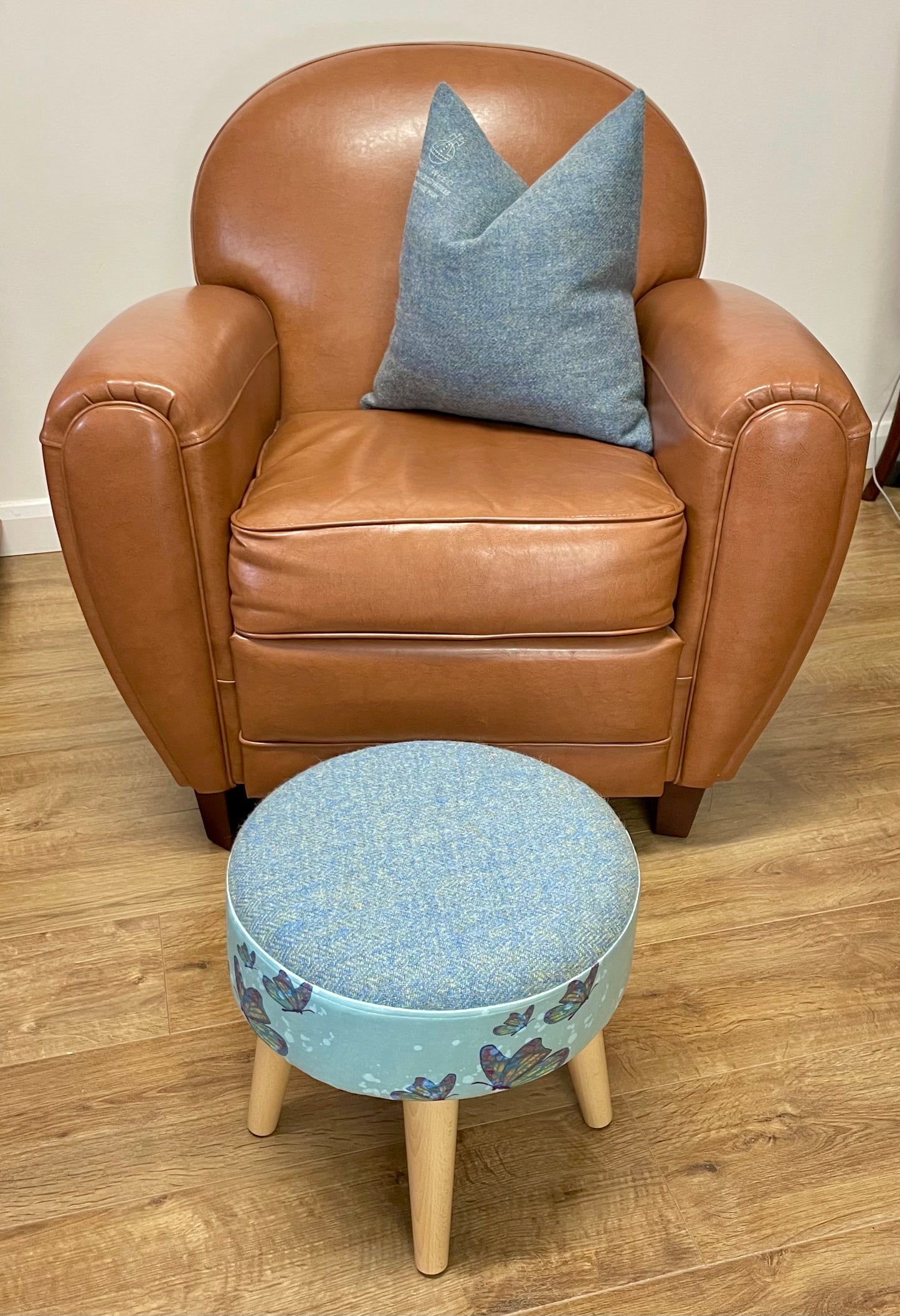 Butterflies in Rain Velvet and Harris Tweed Small Footstool