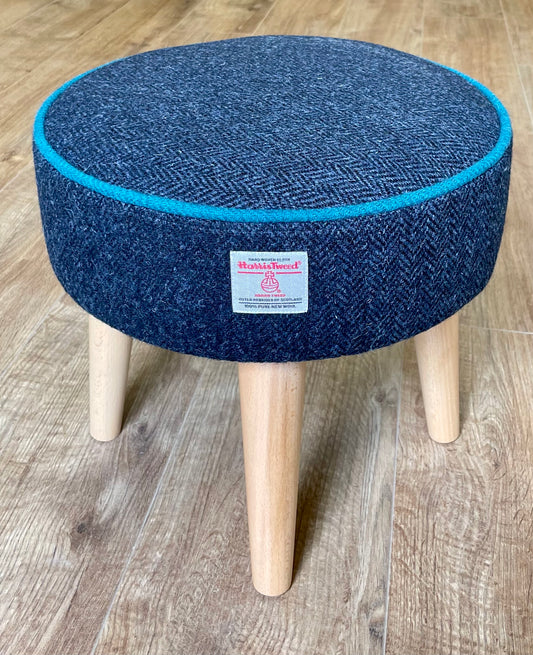 Navy Harris Tweed Footstool with Teal Piping and Varnished Wooden Legs