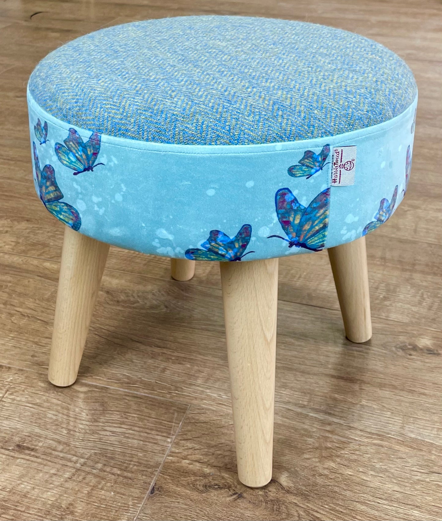 Butterflies in Rain Velvet and Harris Tweed Small Footstool