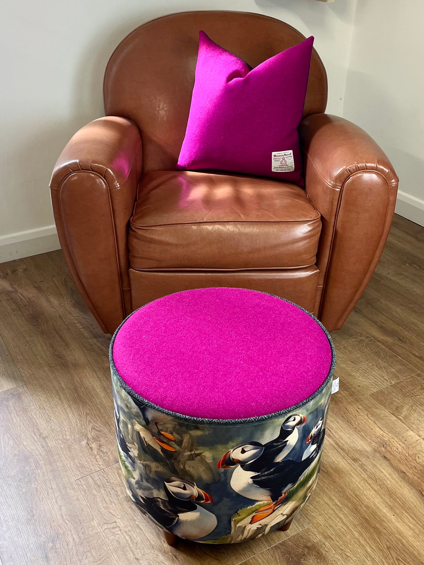 Puffin Linen & Fuchsia Harris Tweed Chunky Footstool with Charcoal Piping Detail