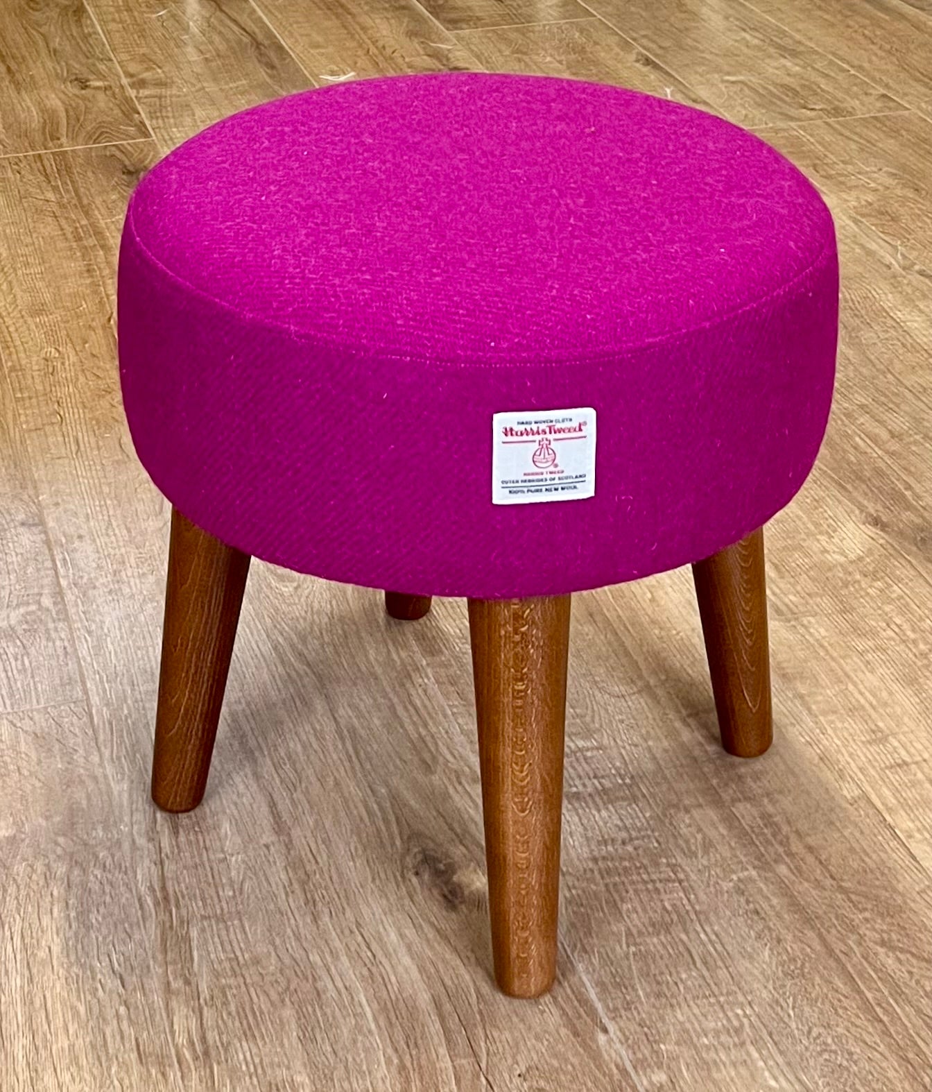 Fuchsia Harris Tweed Footstool with Dark Varnished Wooden Legs
