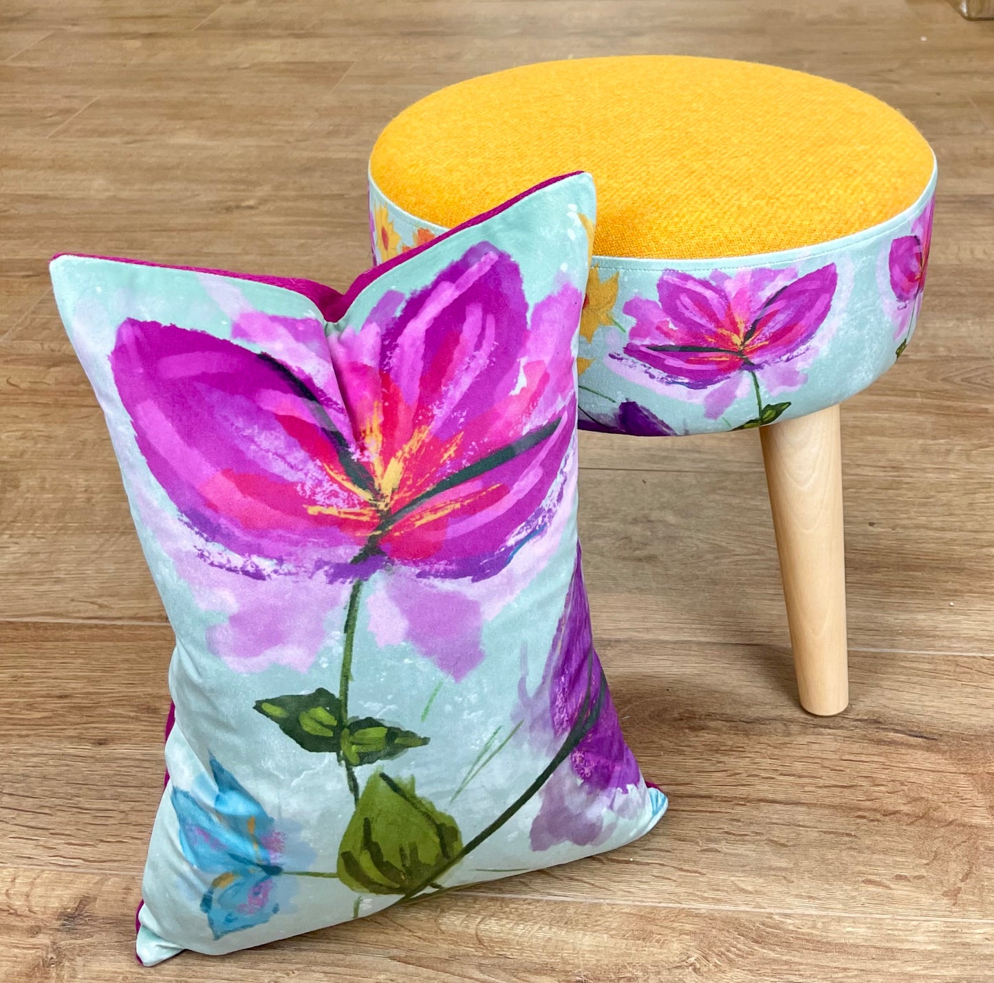Spring Time Velvet and Fuchsia Harris Tweed Cushion